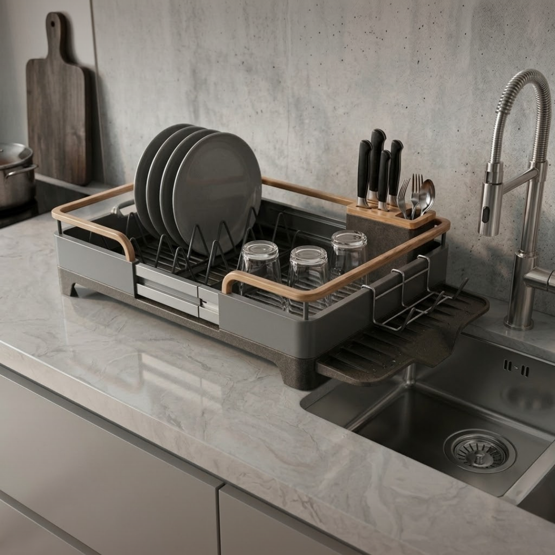 Stainless Steel Dish Rack with Drain Tray and Utensil Organizer, Expandable