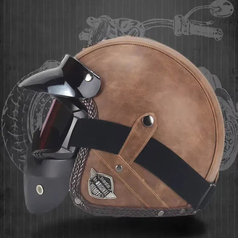 Vintage Open-Faced Motorcycle Helmet with Adjustable Goggles