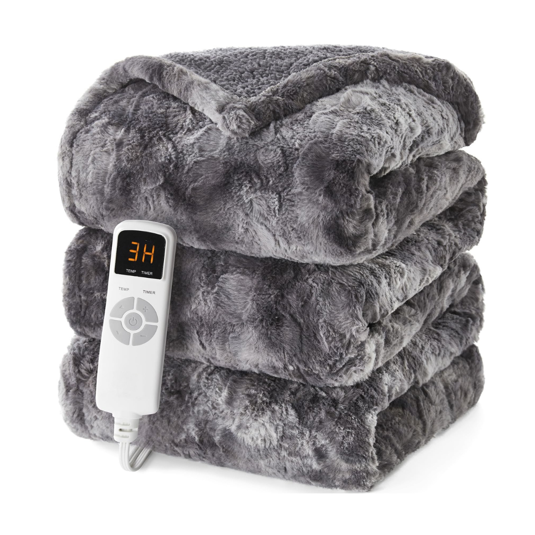 Electric Heated Blanket with Faux Fur Sherpa, 9 Heat Settings, Auto Shutoff