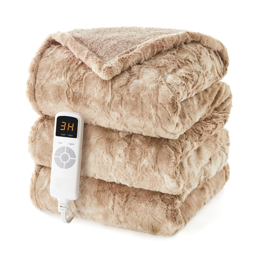 Electric Heated Blanket with Faux Fur Sherpa, 9 Heat Settings, Auto Shutoff