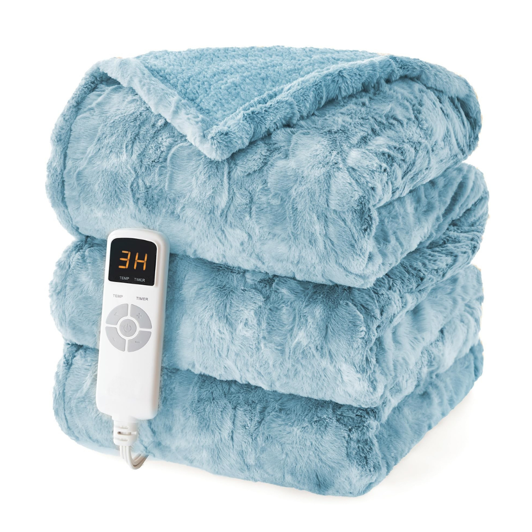Electric Heated Blanket with Faux Fur Sherpa, 9 Heat Settings, Auto Shutoff