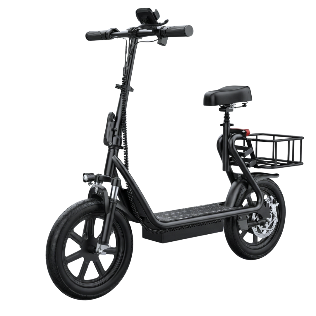 Electric Scooter with Seat, Foldable Design, 14-Inch Tires, Rear Basket