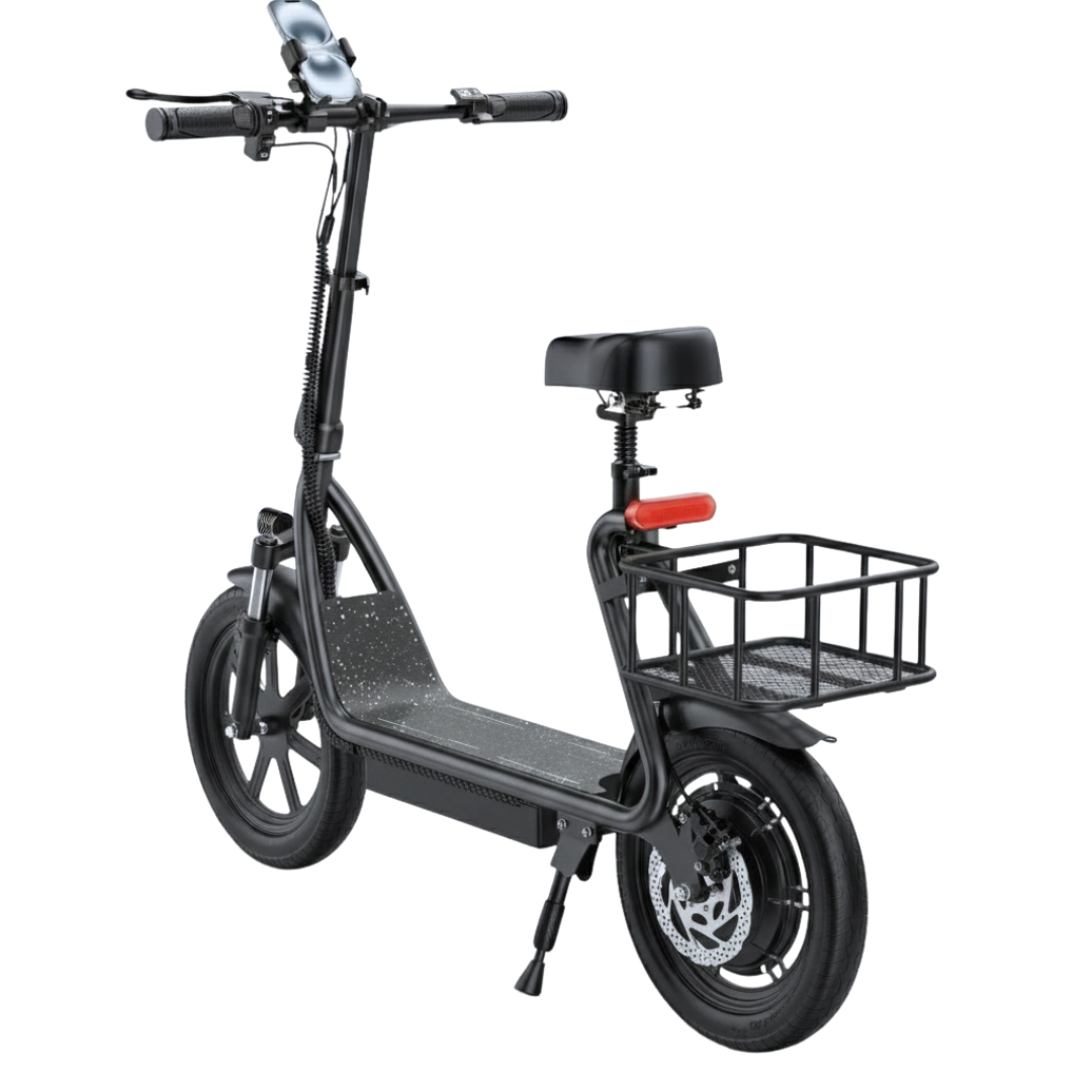 Electric Scooter with Seat, Foldable Design, 14-Inch Tires, Rear Basket