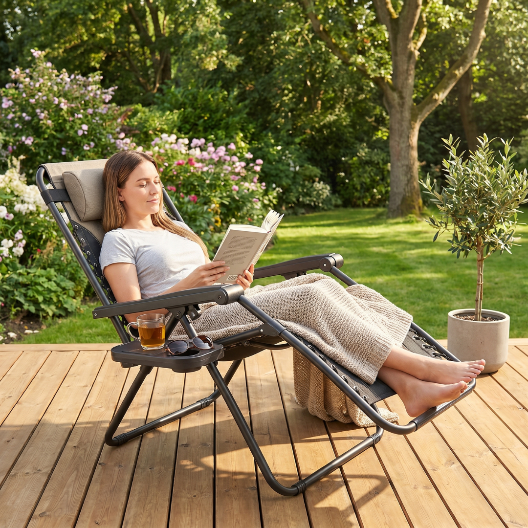 Reclining Patio Chair with Cup Holder – Foldable, Supports 400 lbs