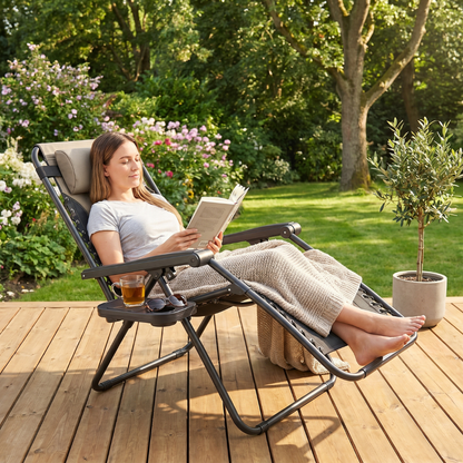 Reclining Patio Chair with Cup Holder – Foldable, Supports 400 lbs