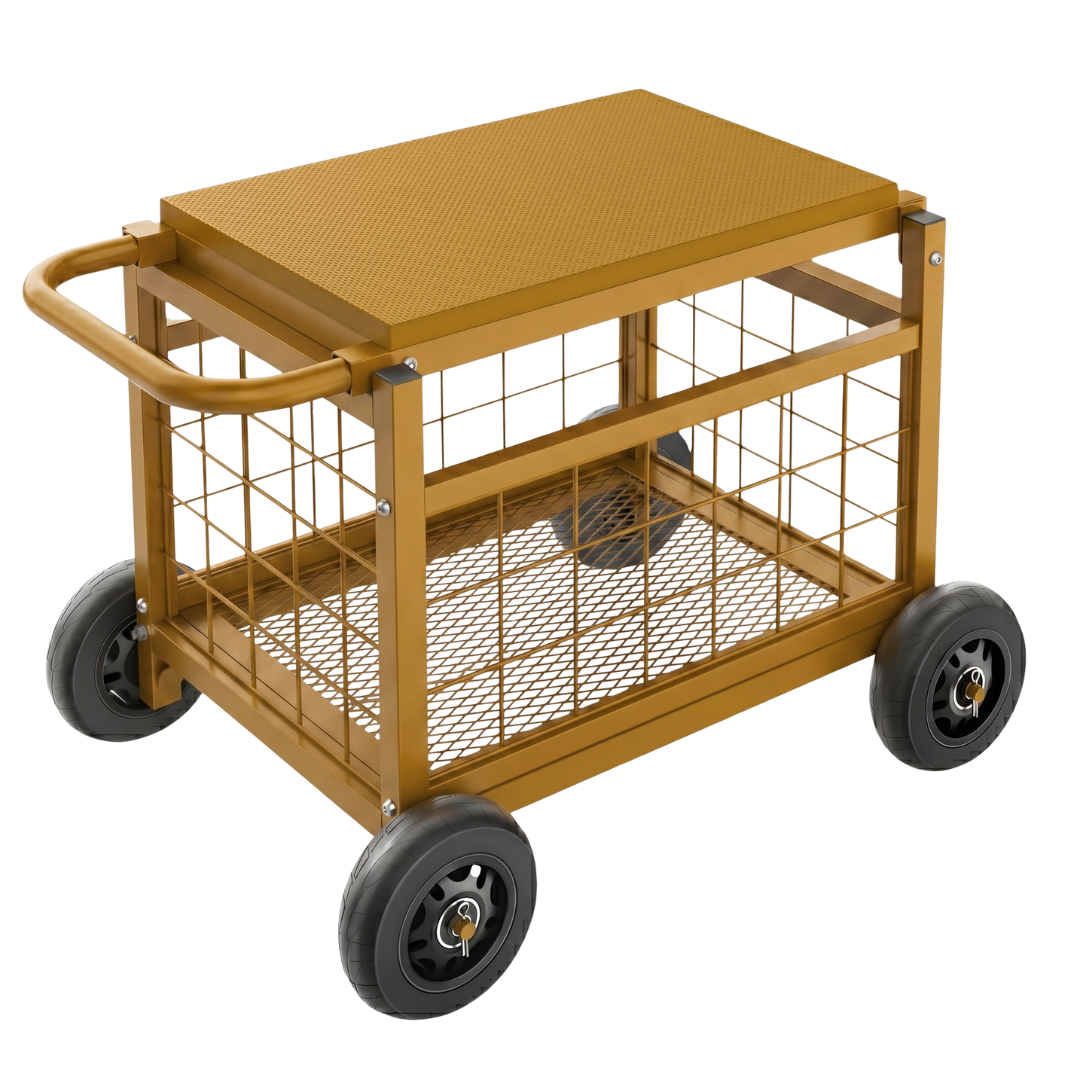 Garden Seat Cart with Storage and Rubber Wheels for Easy Mobility