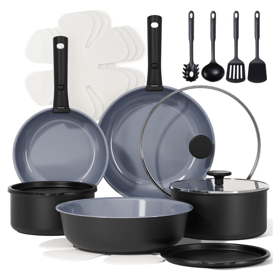 19-Piece Cookware Set with Detachable Handles - Nonstick Granite Finish