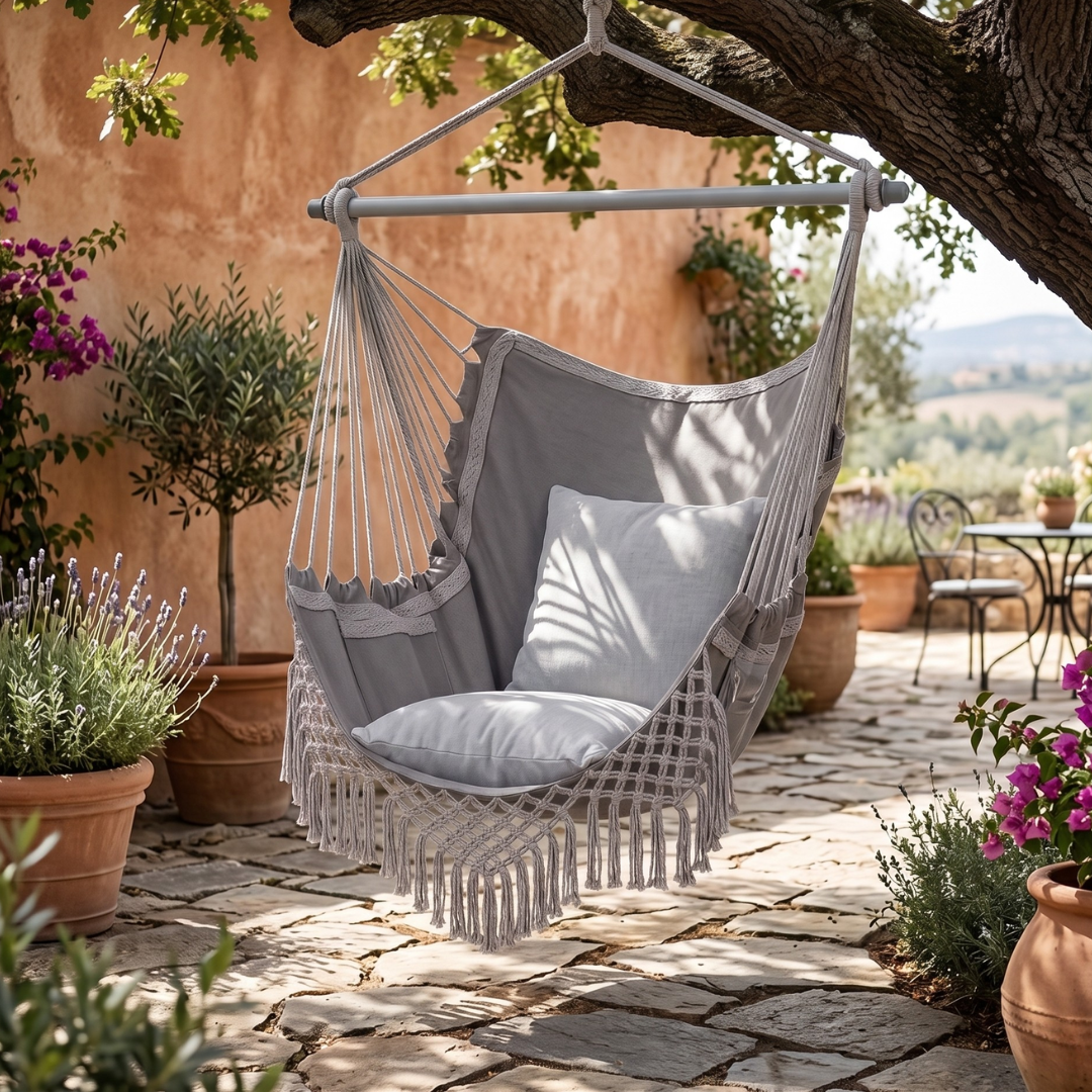 Hammock Swing Chair with Cushions, Side Storage Pocket, and Metal Frame