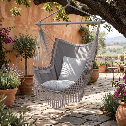 Hammock Swing Chair with Cushions, Side Storage Pocket, and Metal Frame