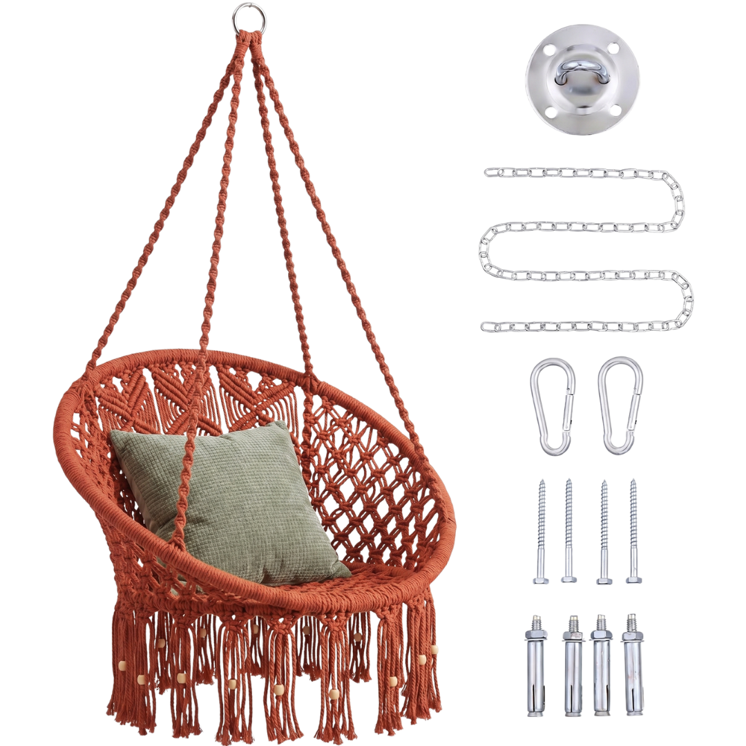 Macrame Swing Chair with Handwoven Design and Hanging Hardware Included