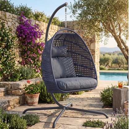 Patio Rattan Swing Chair with Stand – Hanging Egg Design, 350 lb Limit