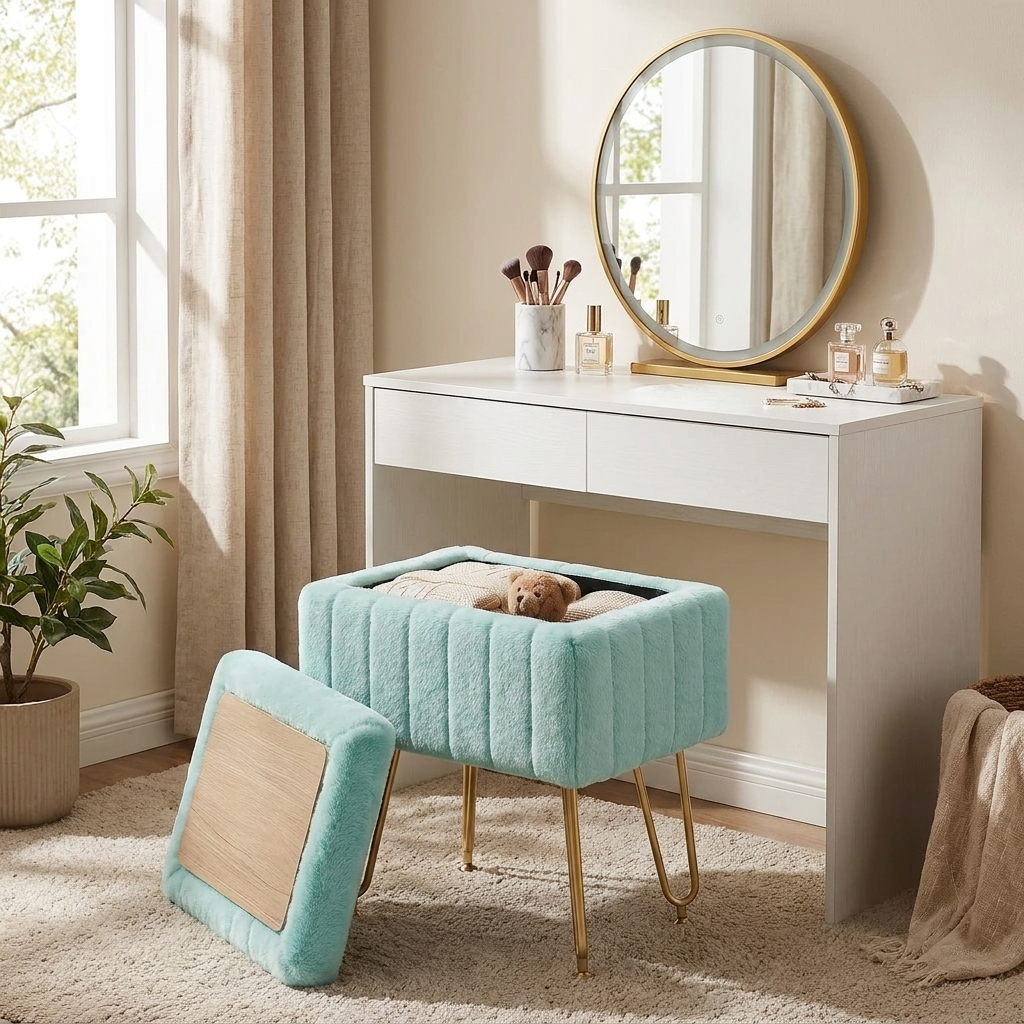 Vanity Stool with Faux Fur Upholstery for Storage