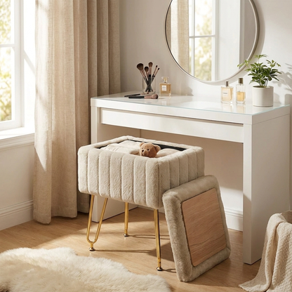 Vanity Stool with Faux Fur Upholstery for Storage