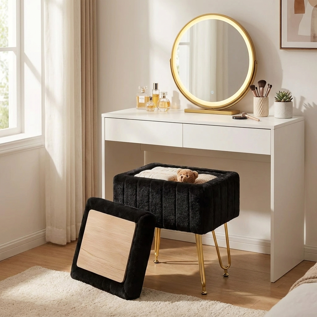 Vanity Stool with Faux Fur Upholstery for Storage
