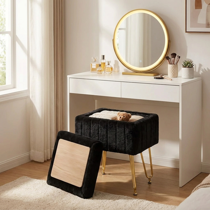 Vanity Stool with Faux Fur Upholstery for Storage