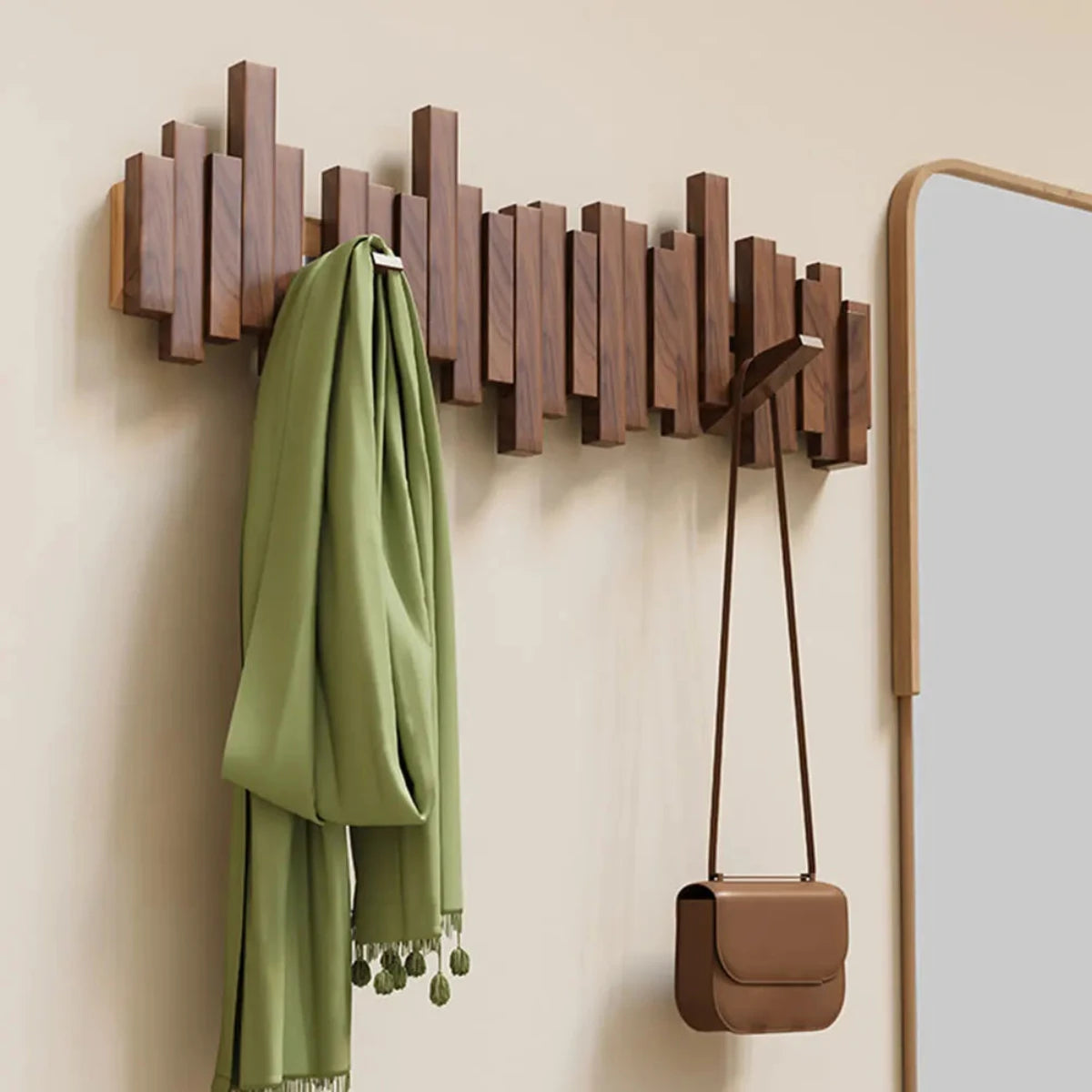Elegant Wooden Wall-Mounted Coat Rack with Foldable Hooks
