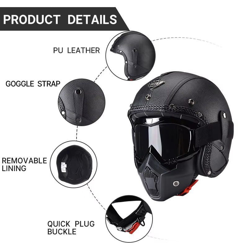 Vintage Open-Faced Motorcycle Helmet with Adjustable Goggles