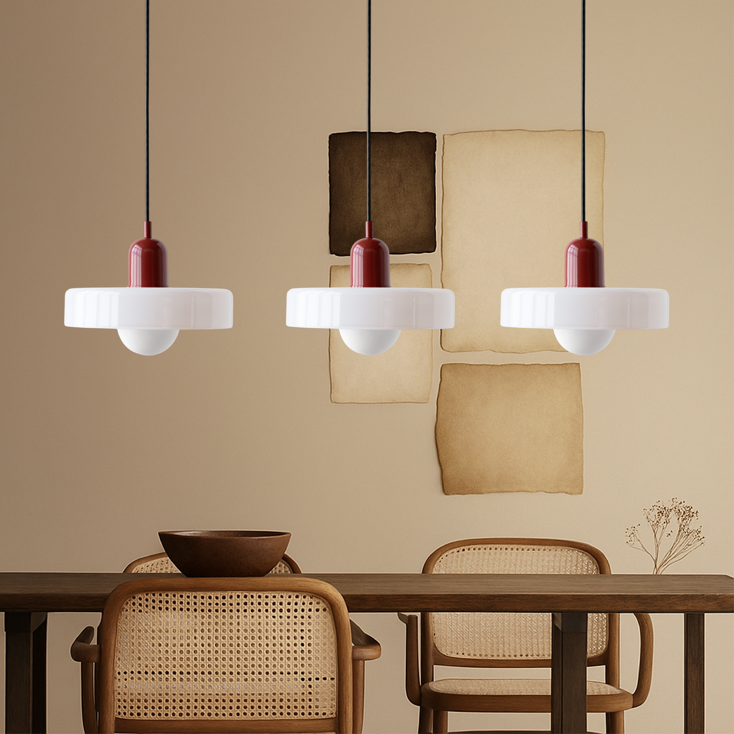 Trio of Colored Glass Pendant Light with Adjustable Height