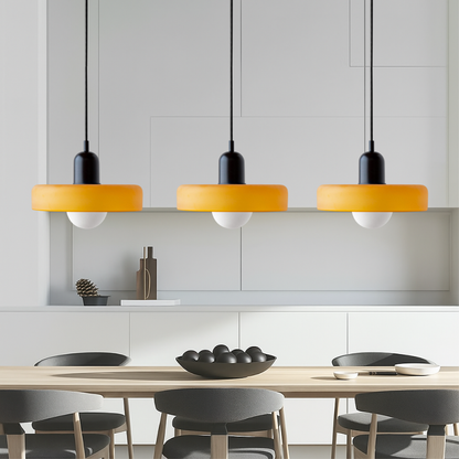 Trio of Colored Glass Pendant Light with Adjustable Height