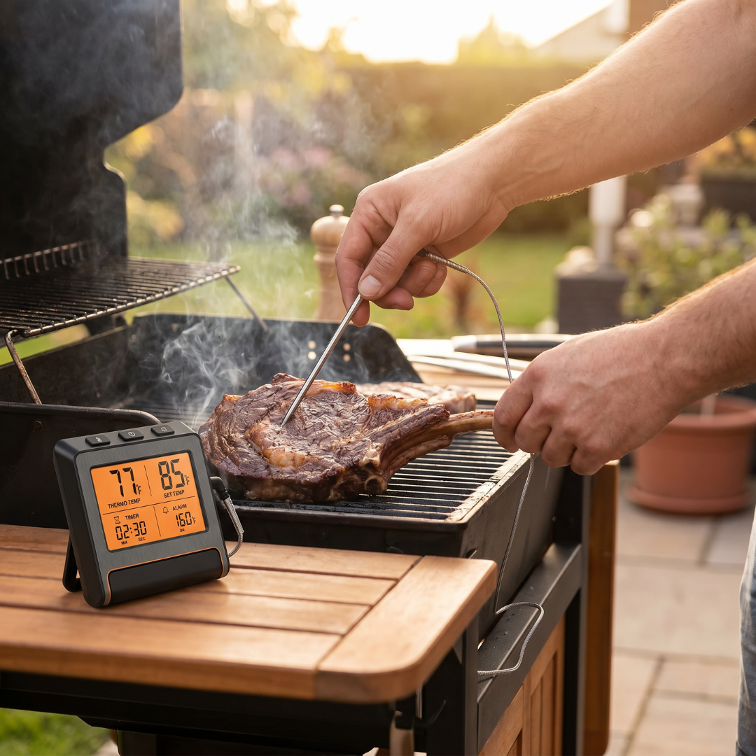 Digital Meat Thermometer with LCD Display, Probe, and Timer for Grilling