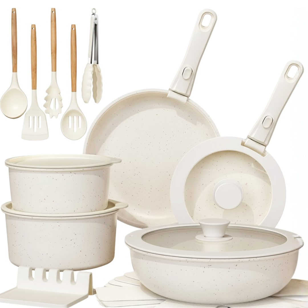 Cookware Set with Transparent Glass Lids and Detachable Handles
