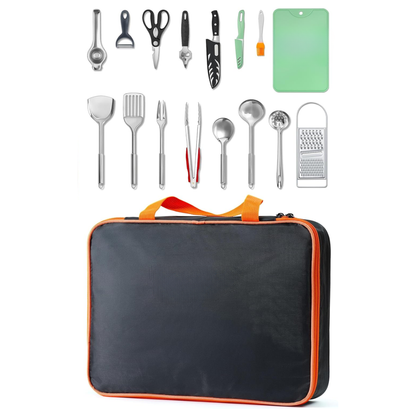 Stainless Steel Tool Set for Outdoor Cooking with Carrying Bag