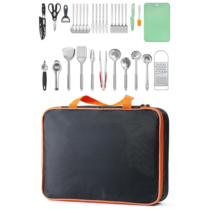 Stainless Steel Tool Set for Outdoor Cooking with Carrying Bag