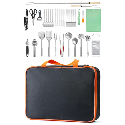 Stainless Steel Tool Set for Outdoor Cooking with Carrying Bag