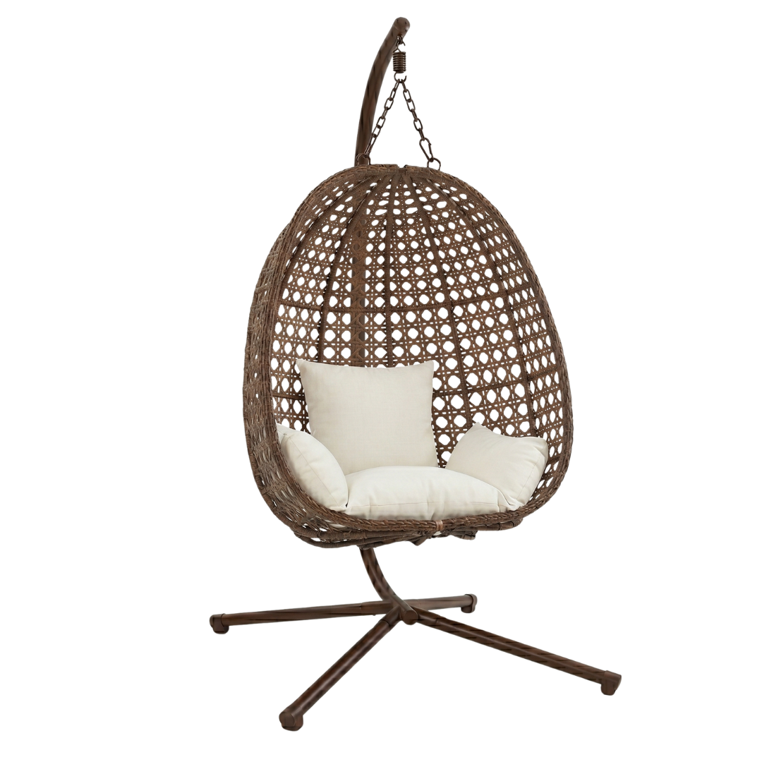 Hanging Egg Chair with Stand and Cushion - Wicker Patio Design, 350 lb Capacity