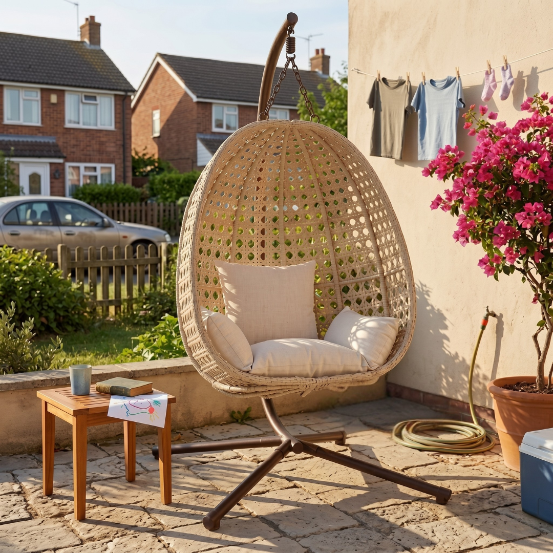 Hanging Egg Chair with Stand and Cushion - Wicker Patio Design, 350 lb Capacity