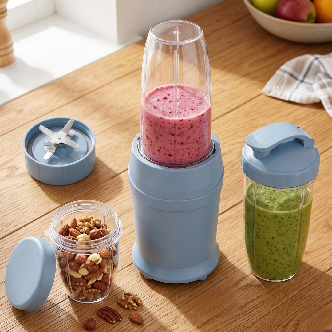 Compact Blender Set with 3 Cups and Dual 6-Blade System for Smoothies