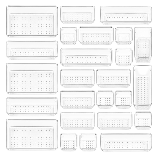 25-Piece Storage Tray Set for Organizing Plastic Drawers in 4 Sizes