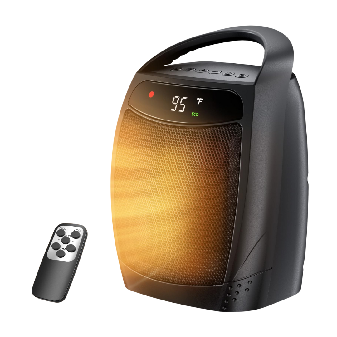 Compact Ceramic Heater with Thermostat, Fan Function, and Safety Shutoff