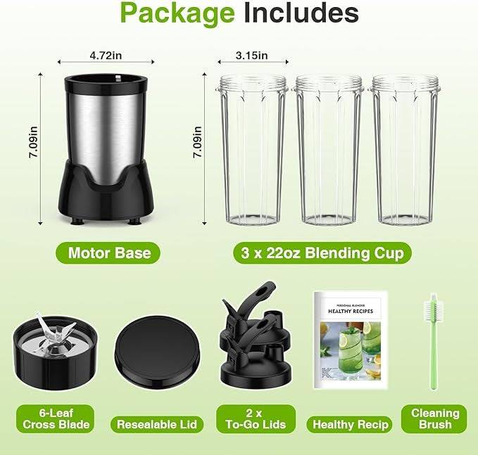 Compact Blender for Smoothies – Includes 3 Cups and 6-Blade Stainless Steel