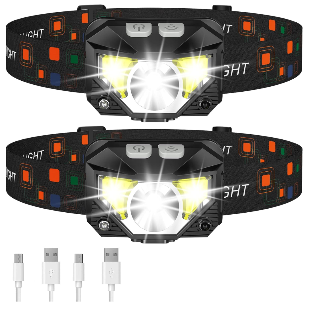 2-Pack Rechargeable Headlamp Flashlight with Sensor and 8 Modes