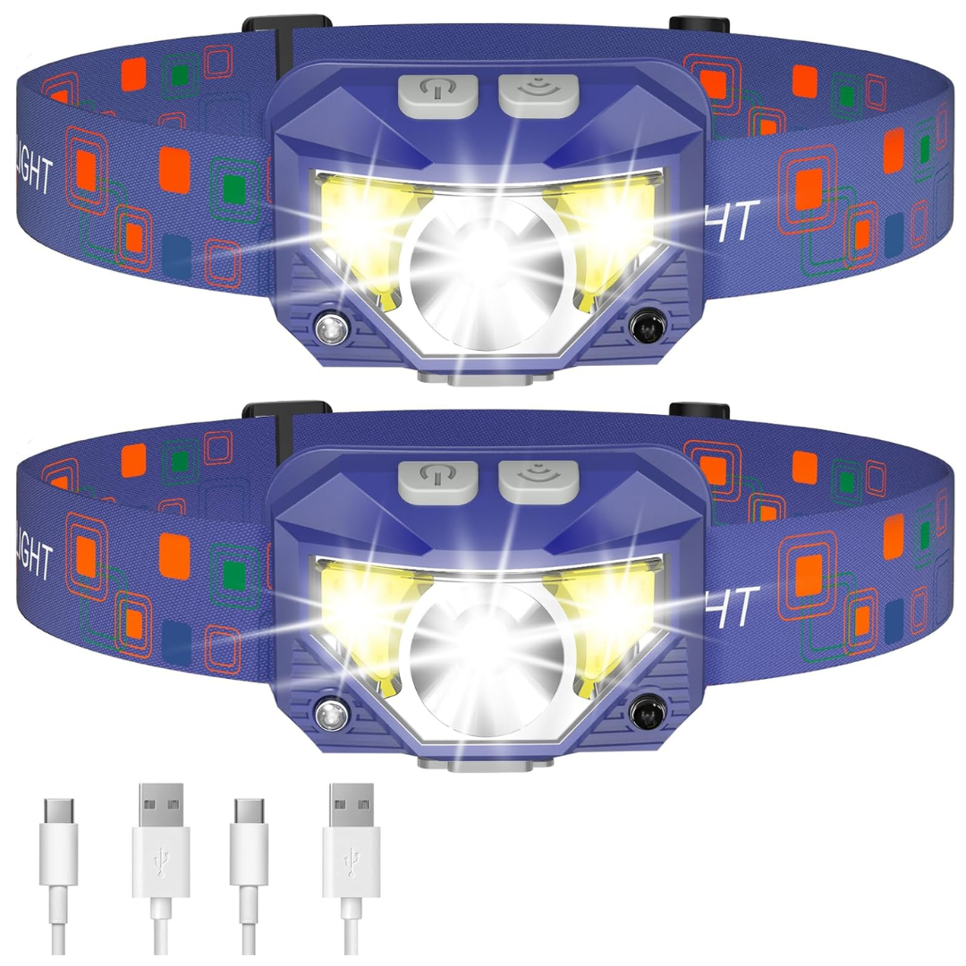 2-Pack Rechargeable Headlamp Flashlight with Sensor and 8 Modes