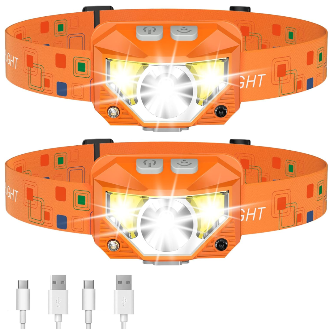 2-Pack Rechargeable Headlamp Flashlight with Sensor and 8 Modes