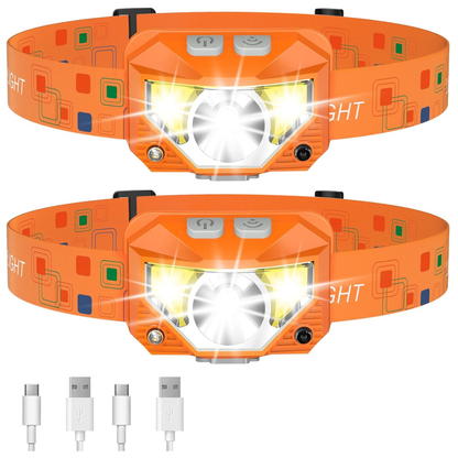 2-Pack Rechargeable Headlamp Flashlight with Sensor and 8 Modes
