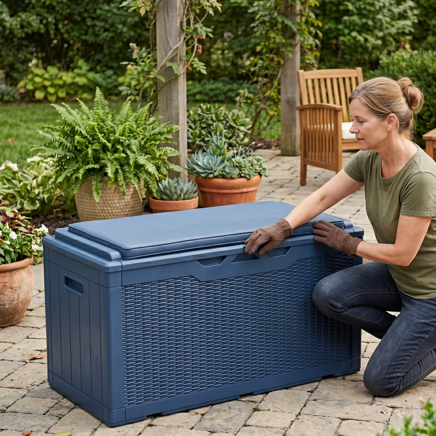Deck Box for Storage with Cushioned Seating and Lift-Open Feature