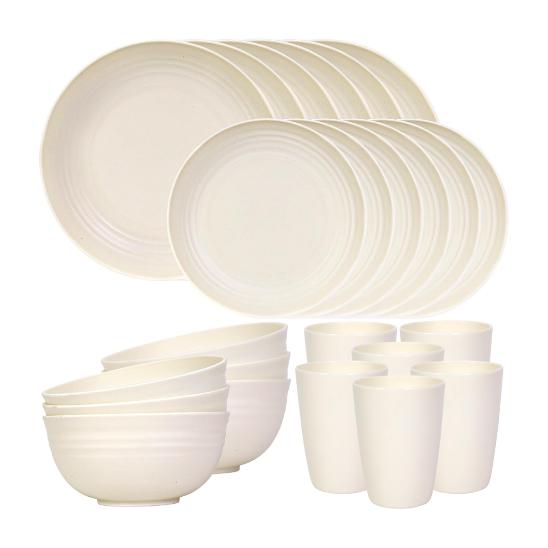 Set of Reusable Plastic Bowls and Plates for Home and Camping