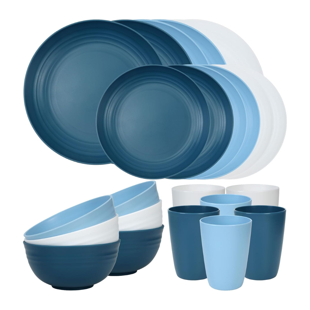 Set of Reusable Plastic Bowls and Plates for Home and Camping