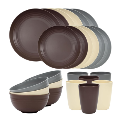 Set of Reusable Plastic Bowls and Plates for Home and Camping
