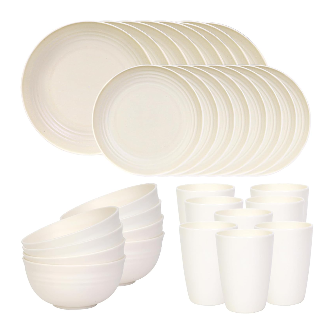 Set of Reusable Plastic Bowls and Plates for Home and Camping
