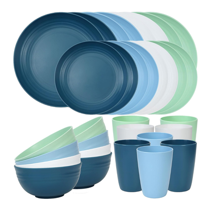 Set of Reusable Plastic Bowls and Plates for Home and Camping