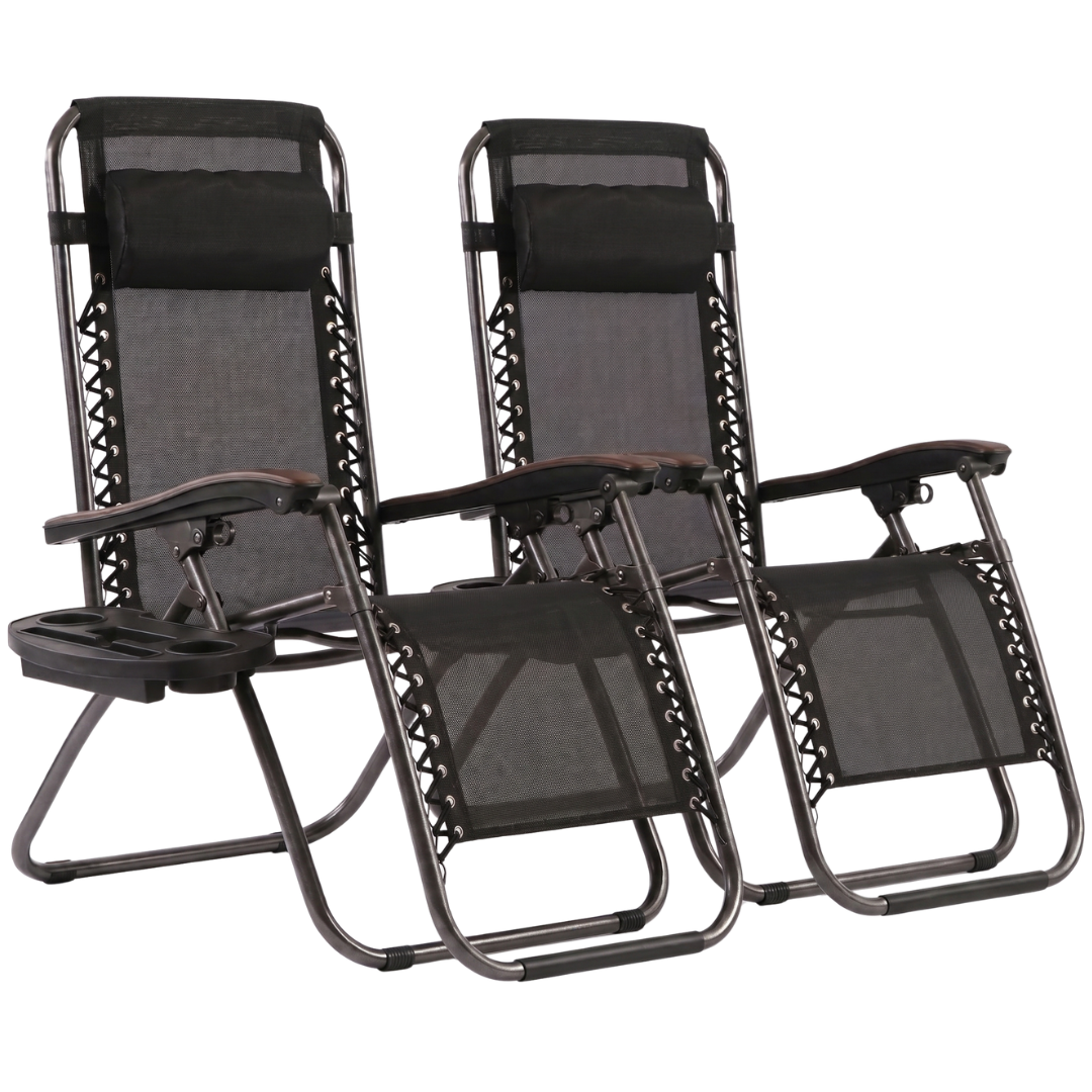 Pair of Folding Patio Lounge Chairs with Cup Holder Trays