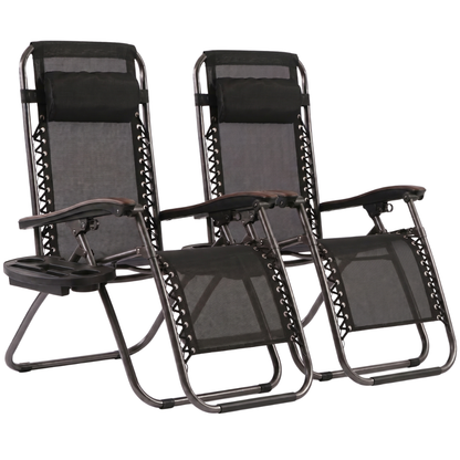 Pair of Folding Patio Lounge Chairs with Cup Holder Trays