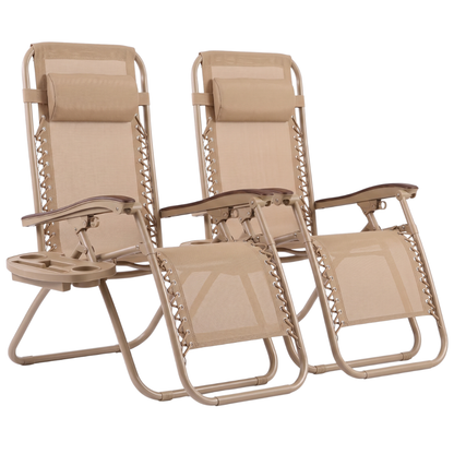 Pair of Folding Patio Lounge Chairs with Cup Holder Trays