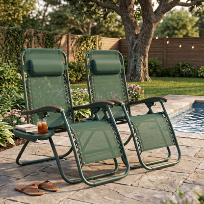 Pair of Folding Patio Lounge Chairs with Cup Holder Trays
