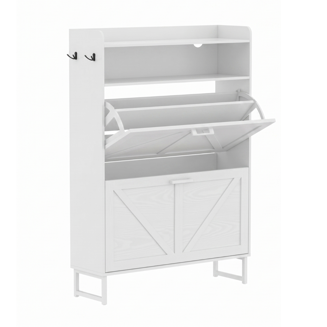 Shoe Storage Unit with Two Flip Drawers, Top Shelf, and Side Hooks
