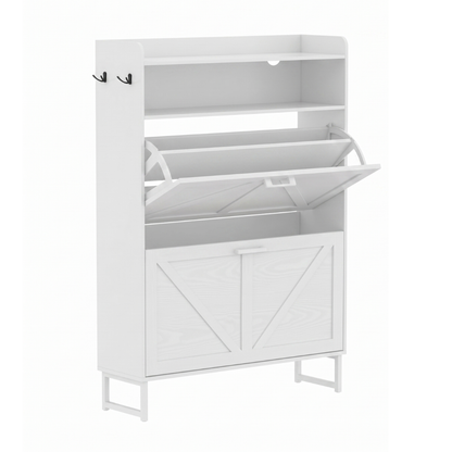 Shoe Storage Unit with Two Flip Drawers, Top Shelf, and Side Hooks